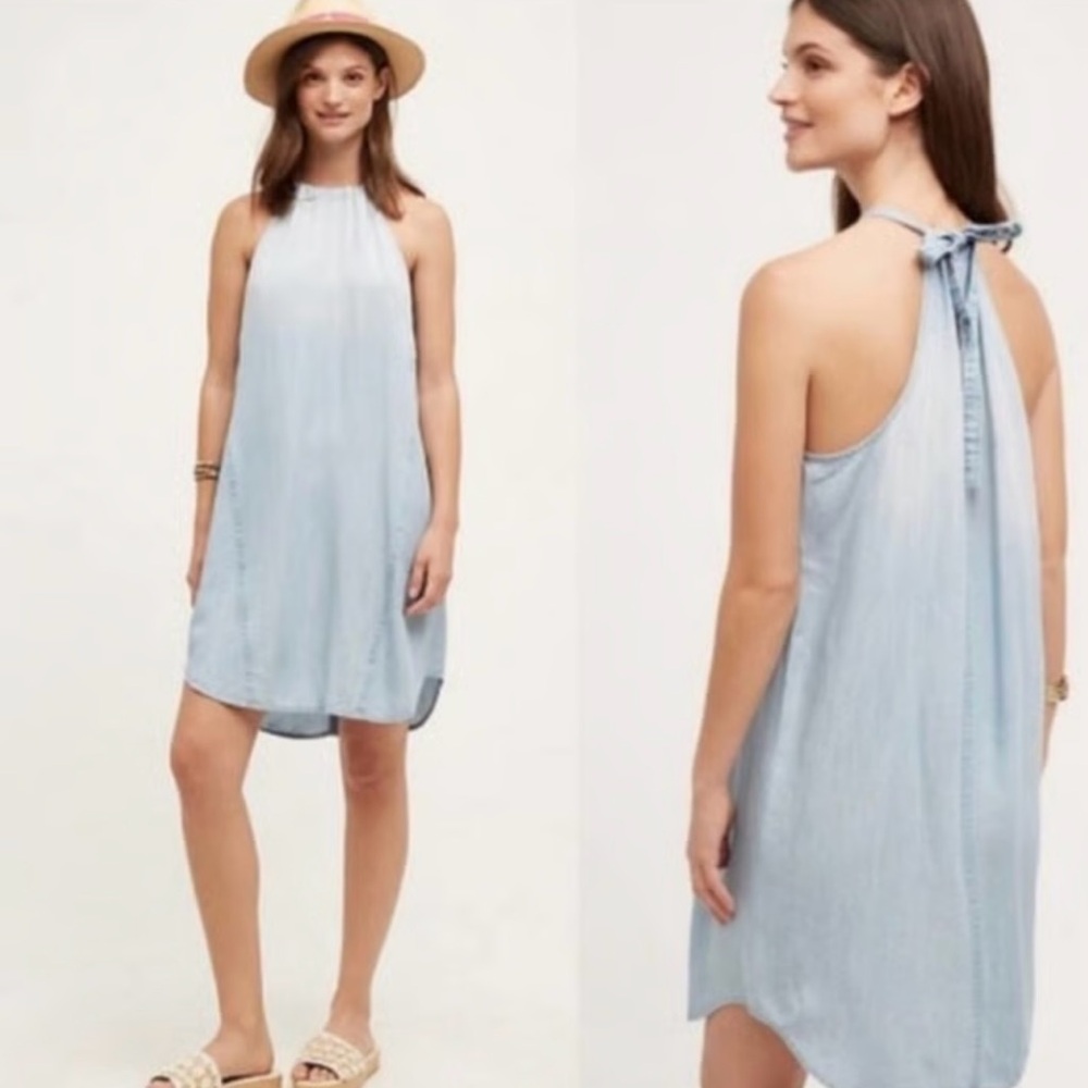 Anthropologie  Cloth and Stone 100% Tencel Light Blue ombré Halter Dress Large